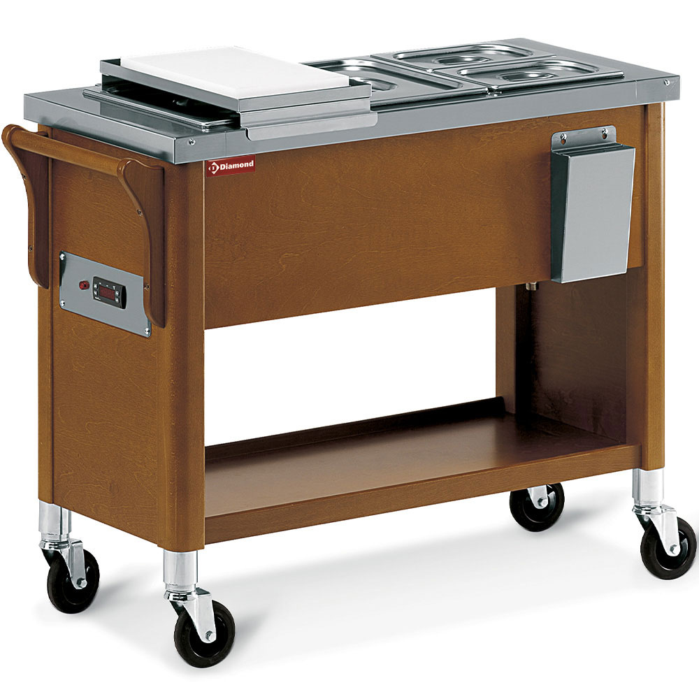 Diamond Service-Wagen Wagen aus Holz, Bain-Marie Becken 3x GN 1/2