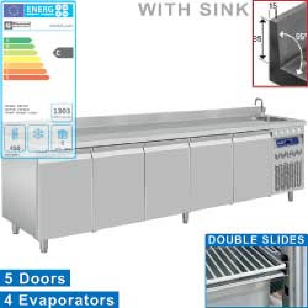 Diamond 700 MM / GN 1/1 + SINK Umluft- Kühltisch "für die Wand", 5 Türen GN 1/1, mit Spüle