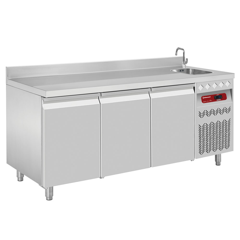 Diamond 700 MM / GN 1/1 + SINK Umluft- Kühltisch "für die Wand", 3 Türen GN 1/1, 405 Lit. mit Waschbecken