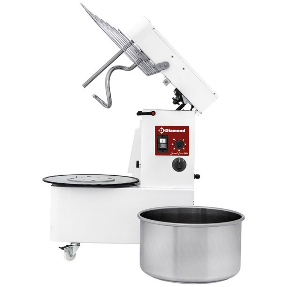 Diamond Spiralteigknetmaschine Spiralkneter 22 Liter neigbarer Kopf, abnehmbarer Behälter, 2 Geschwindigkeiten,Timer, auf Rädern