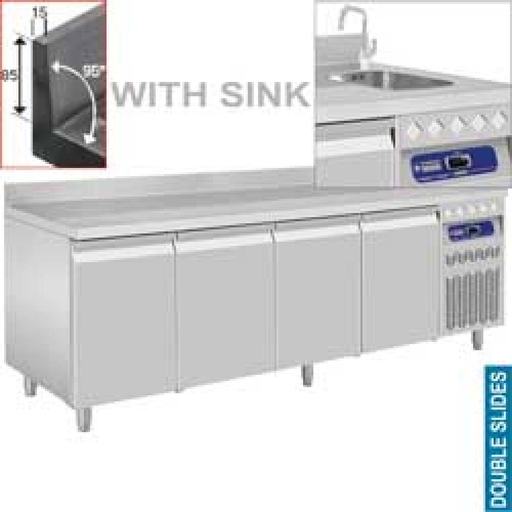 Diamond 700 MM / GN 1/1 + SINK Umluft- Kühltisch "für die Wand", 4 Türen GN 1/1, mit Spüle
