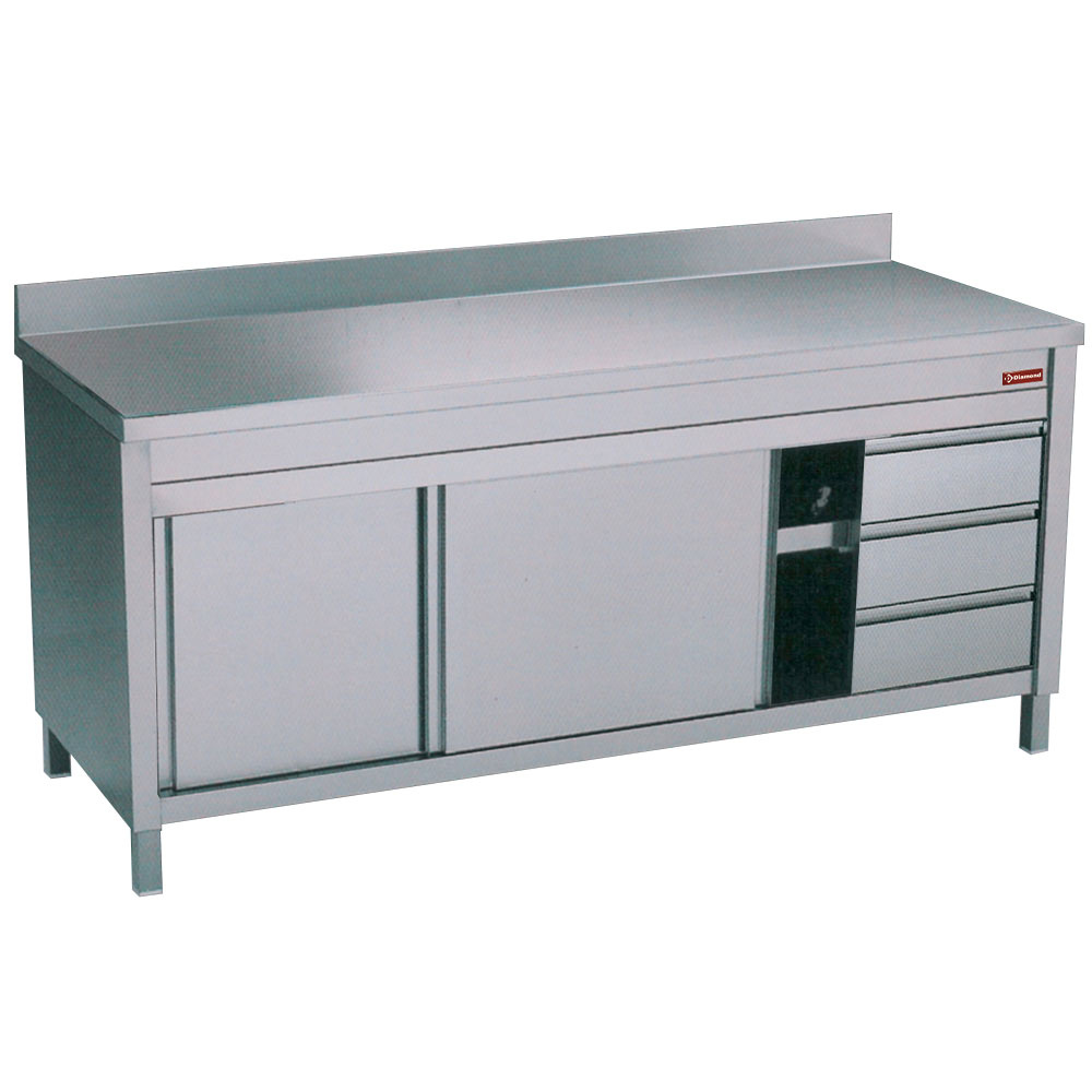 Diamond 700 mm table on cupboard slid. doors+ 3 draw. edge