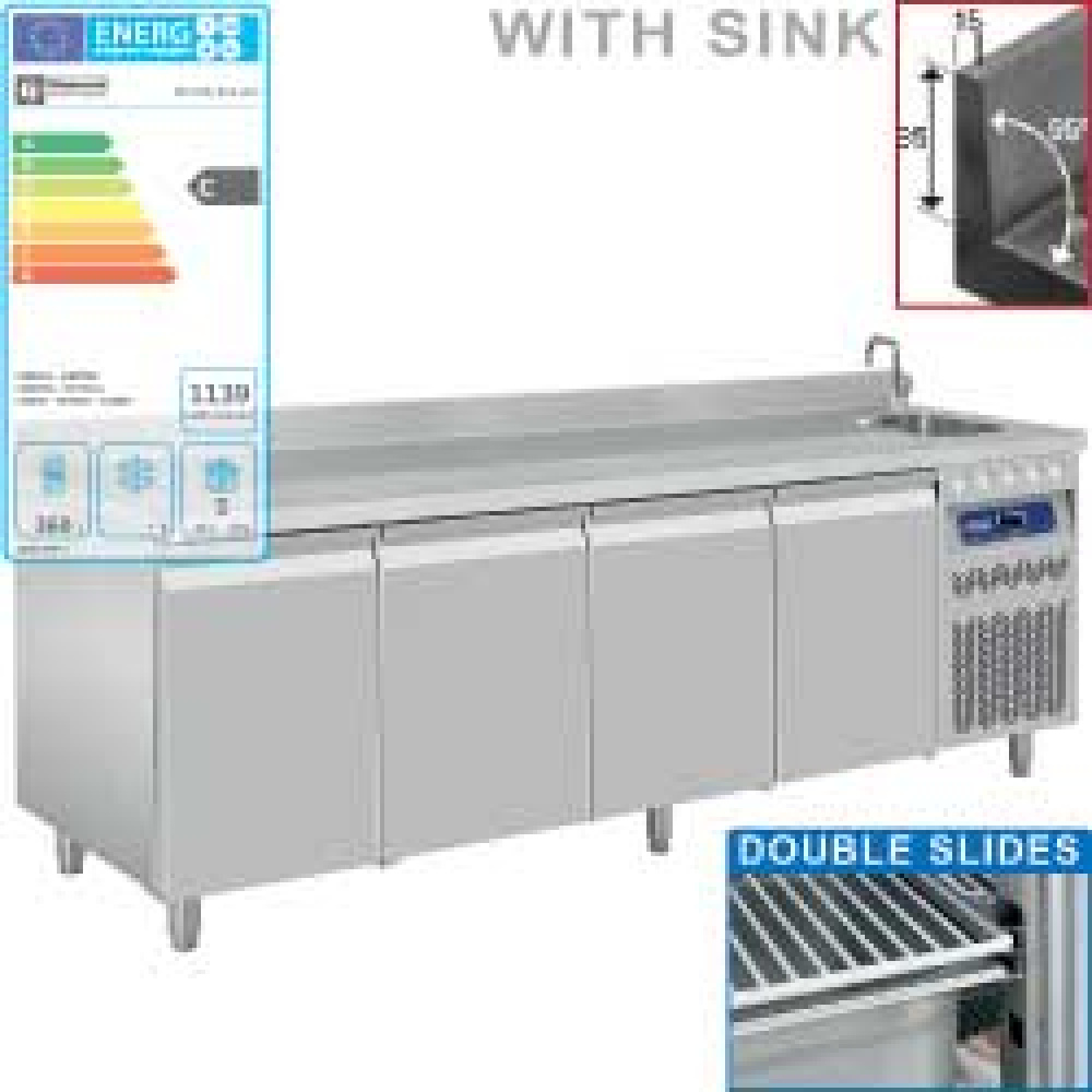 Diamond 700 MM / GN 1/1 + SINK Umluft- Kühltisch "für die Wand", 4 Türen GN 1/1, mit Spüle