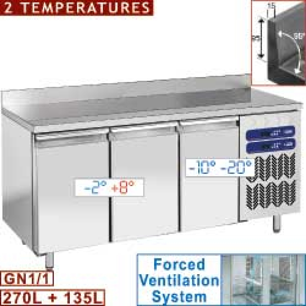 Diamond 2 T° / 700 MM / GN 1/1 Umluft Kühl und Tiefkühltisch, 2 Temperaturen, 3 Türen GN 1/1 mit Aufkantung 405 Lit.