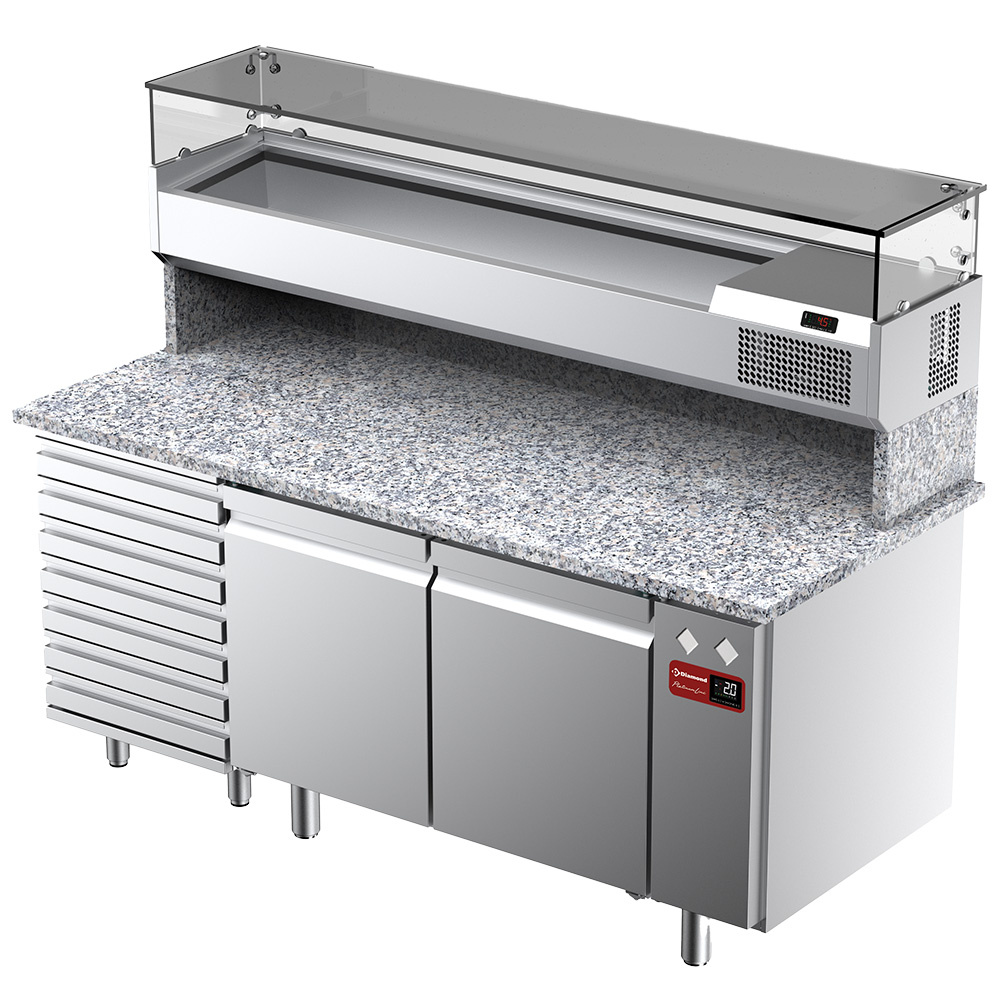 Diamond 800 MM / EN 600X400 Belüfteter Kühltisch für Pizza mit 2 Türen und 7 Schubladen und Kühlvitrine 1800x380x410 und Arbeitsplatte aus Granit.