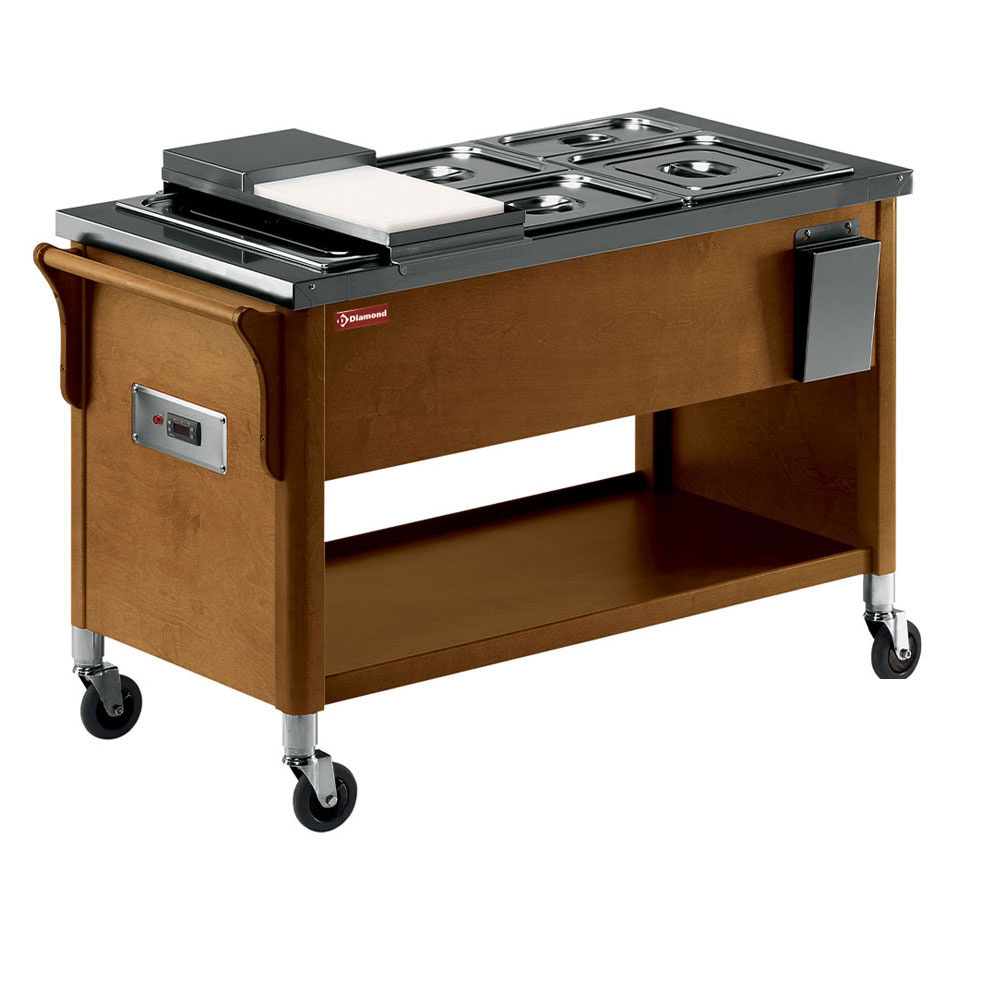 Diamond Service-Wagen Wagen aus Holz, Bain-Marie Becken 3x GN 1/1