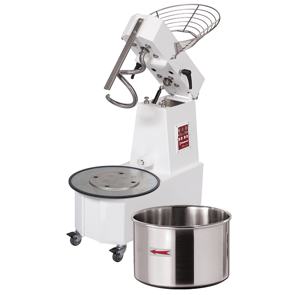 Diamond Spiralteigknetmaschine Spiralmischer 33 Liter neigbarer Kopf, abnehmbarer Behälter, 2 Geschwindigkeiten, - Automatisch, digital, auf Rädern